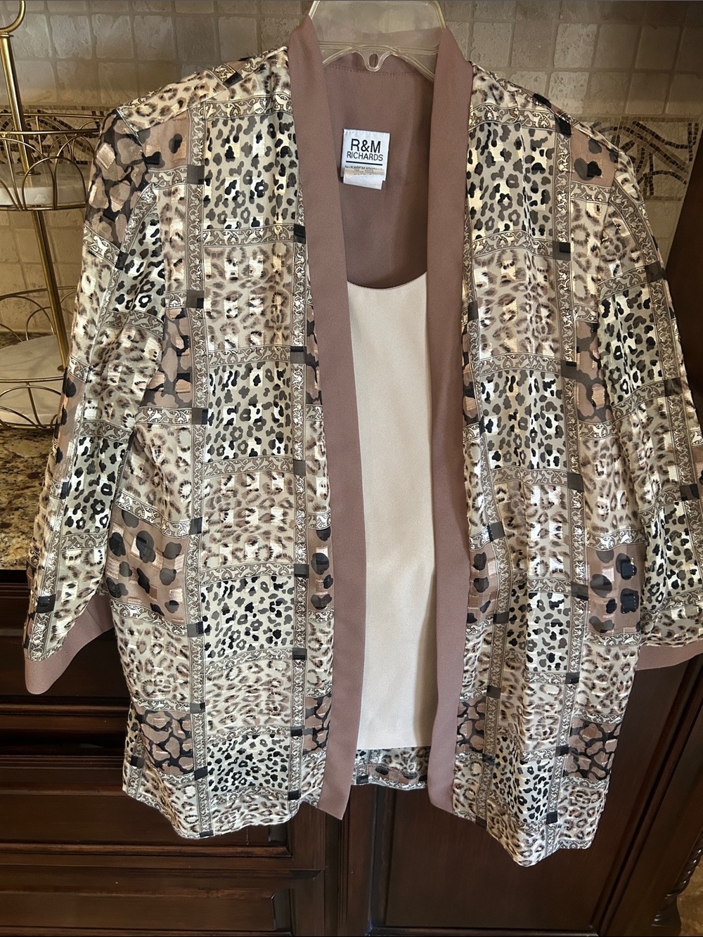 R&M Richards Mixed Animal Print Open Front Jacket in Taupe & Cream